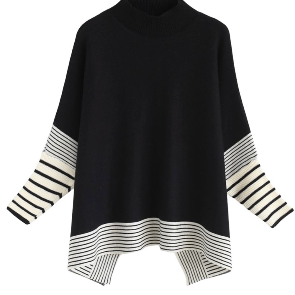 NWT Crosstree Lane Black & Cream striped sides/sleeves poncho mock neck sweater - Picture 3 of 9
